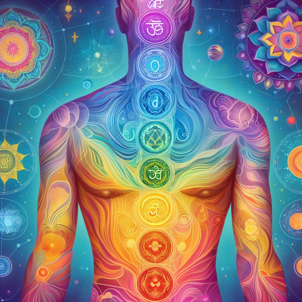 A colourful image of 7 chakras and their symbols aligned along the human body